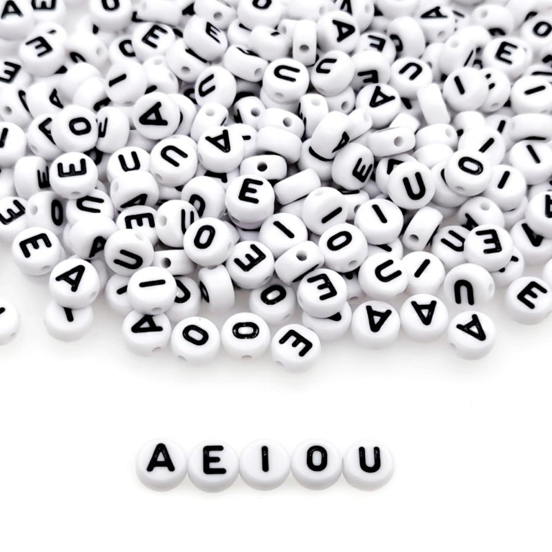 Looconi Amaney 300pcs Vowel Letter Beads A E I O U 7Ã—4mm White Round Acrylic Letter Beads for Jewelry Making Bracelets Necklaces Each 60 Pieces - Image 1